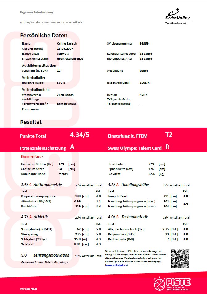 Sportlerprofil mit persönlichen Daten, Bewertungen und Statistiken.