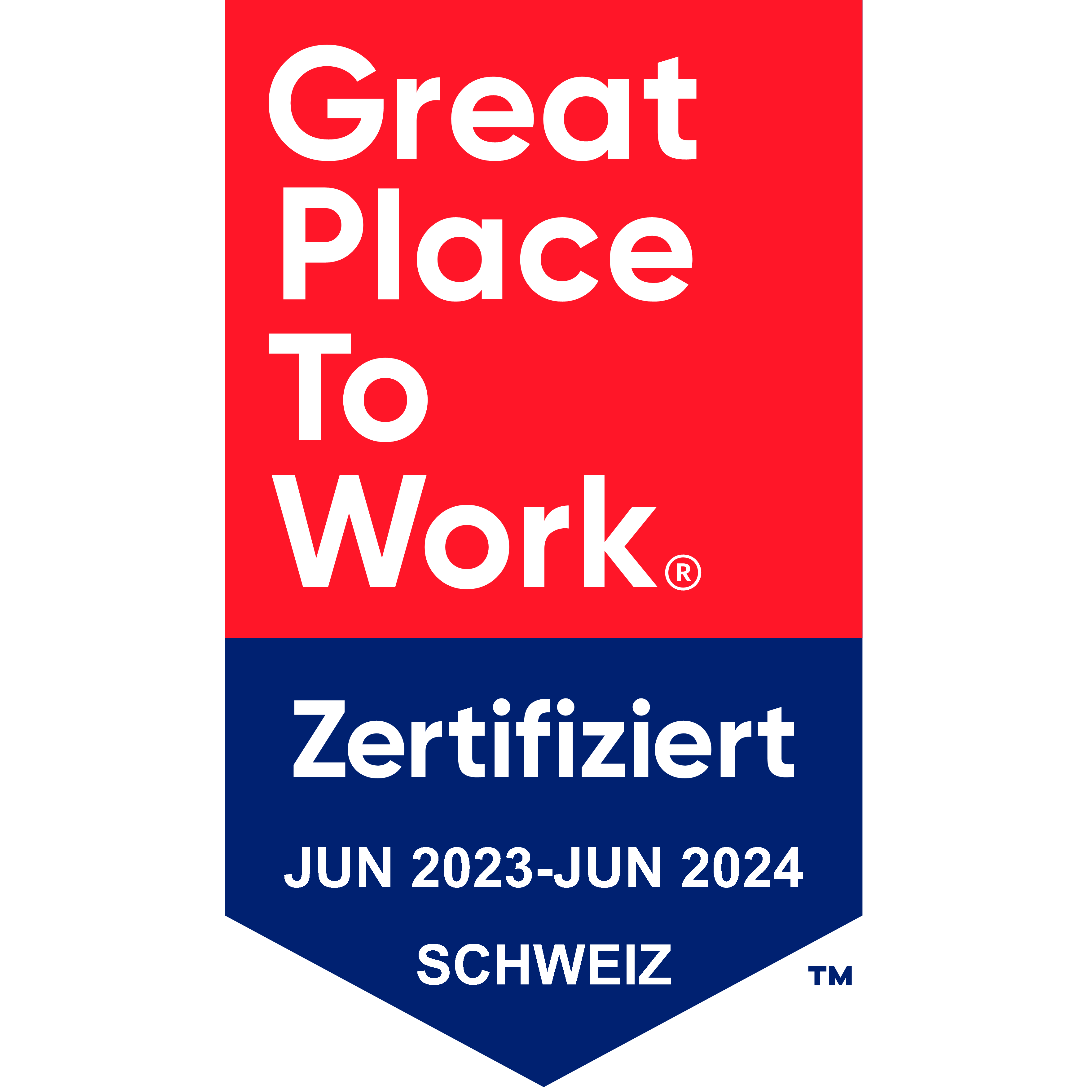 Great Place to Work Zertifikat für Schweiz, gültig von Juni 2023 bis Juni 2024.
