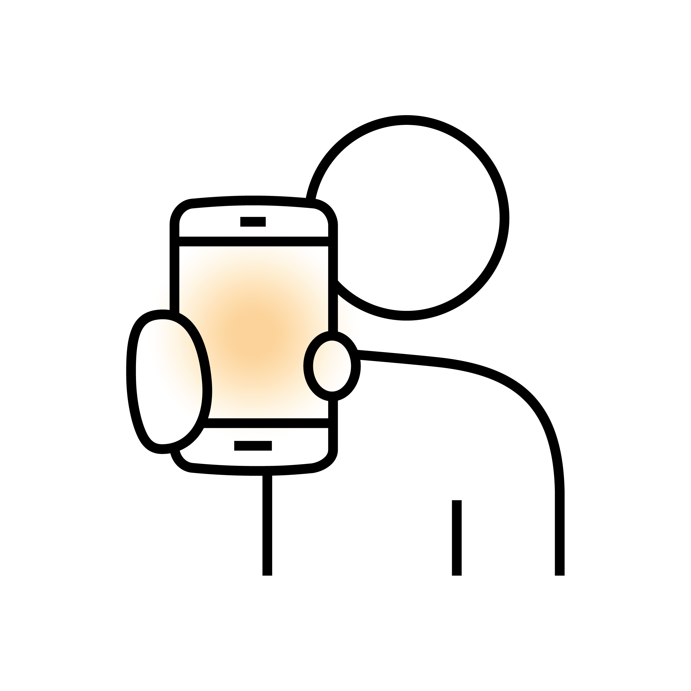 Stilisierte Grafik eines Smartphones mit Kopfhörern und Gesprächsblase, symbolisch für Kommunikation oder Podcast.