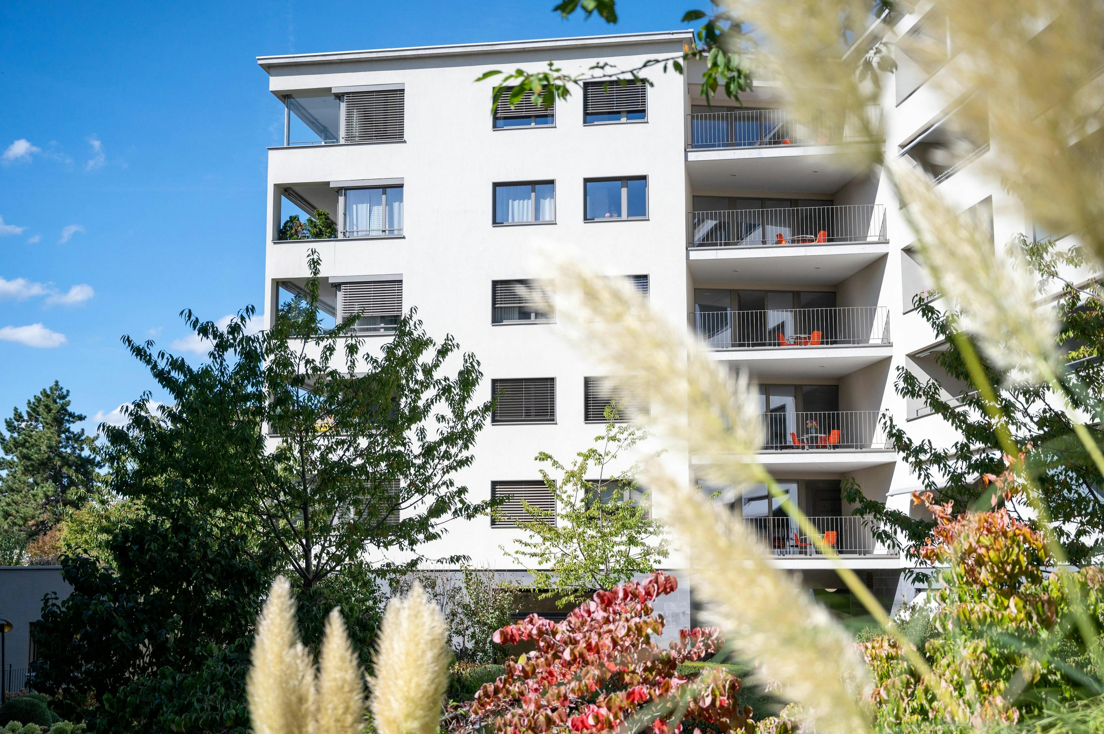 Weißes Mehrfamilienhaus mit Balkonen, umgeben von Grünflächen und Pflanzen im Vordergrund.