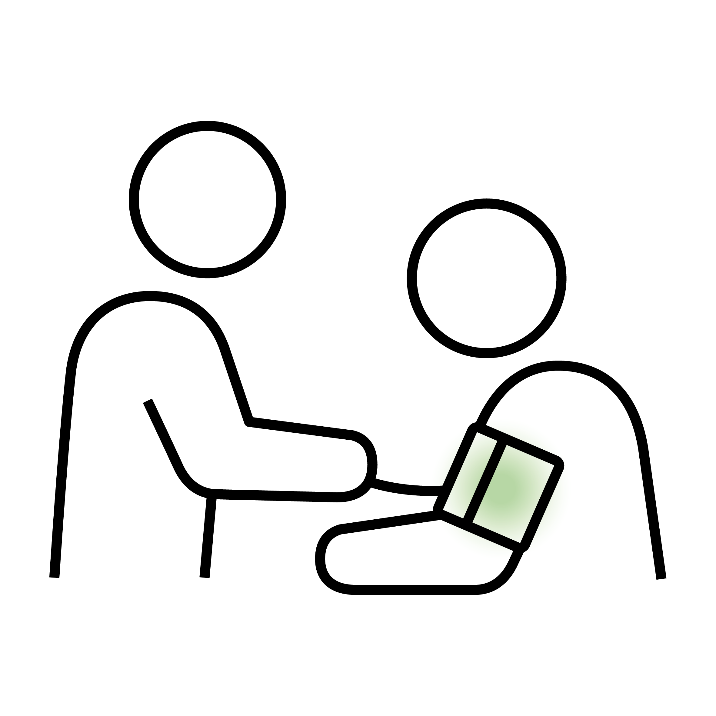 Zwei stilisierte Personen im Gespräch, eine zeigt auf einen Laptop-Bildschirm.