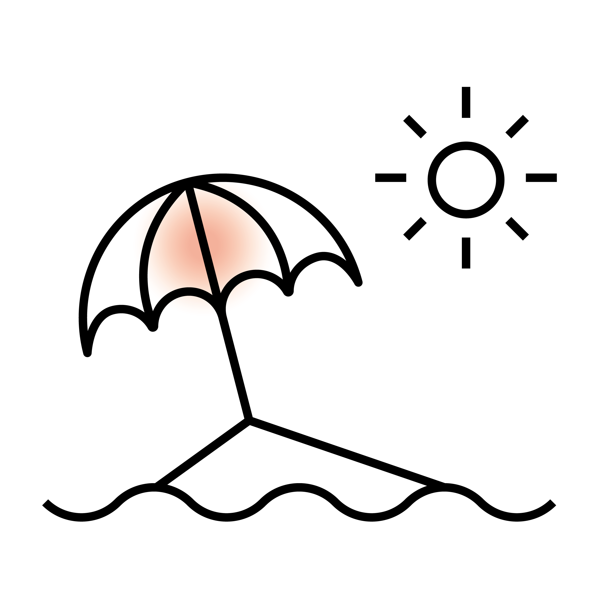 Strand-Symbol mit Sonnenschirm, Wellen und Sonne.