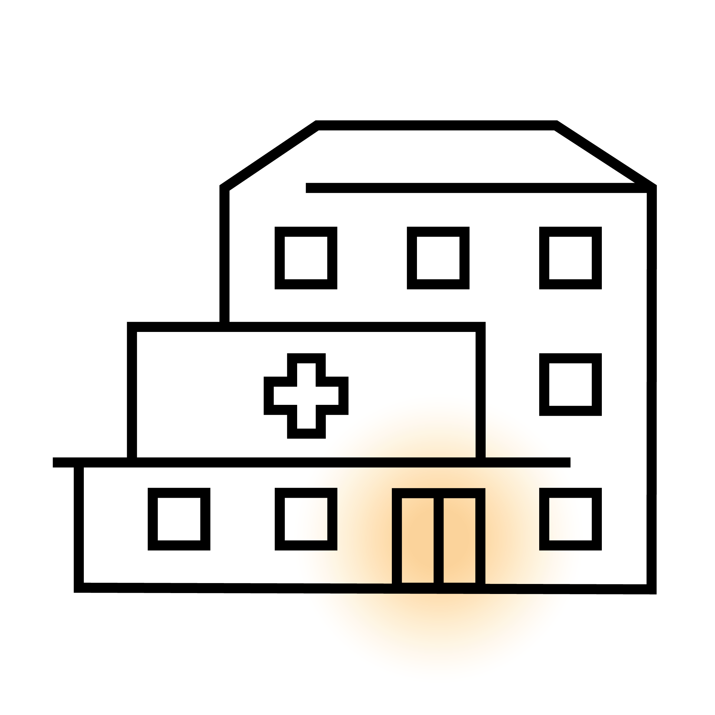 Vereinfachtes Symbol eines Krankenhauses mit einem Kreuz und Fenstern.