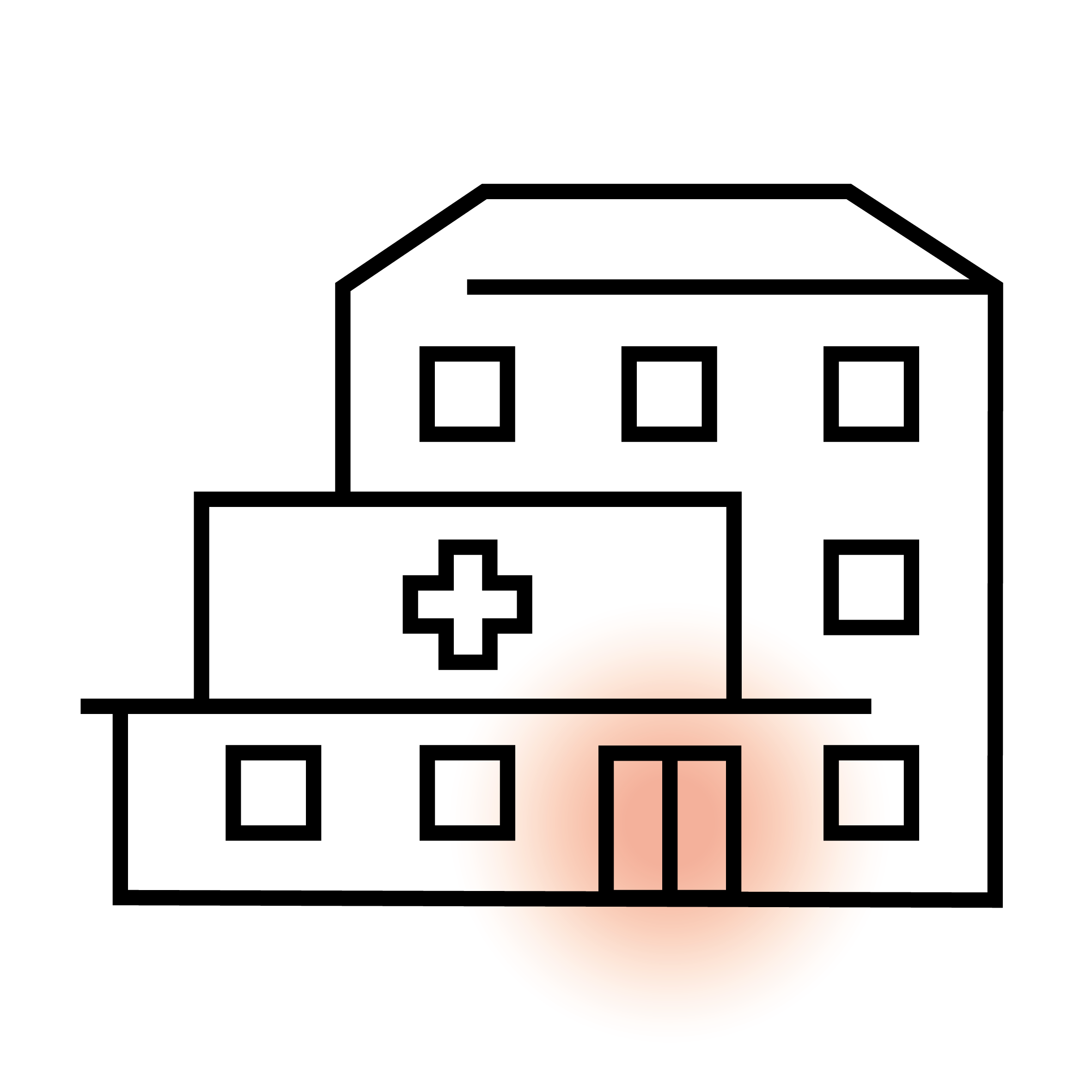 Stilisierte Zeichnung eines Krankenhauses mit Kreuzsymbol.